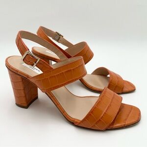L.K. Bennett Rhiannon Tangerine Orange Crocodile Embossed Heel Sandals